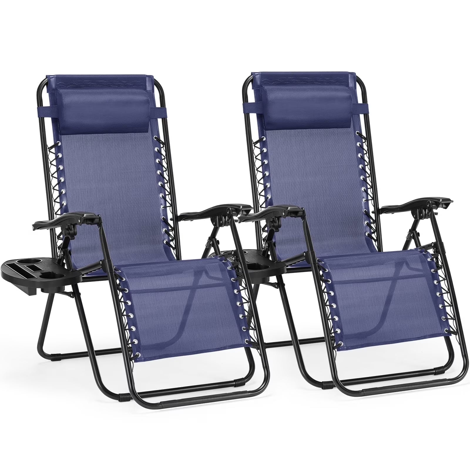 2PCS Zero Gravity Patio Recliner, Textilene Folding Lounge with Adjustable Pillow & Cup Tray, Blue