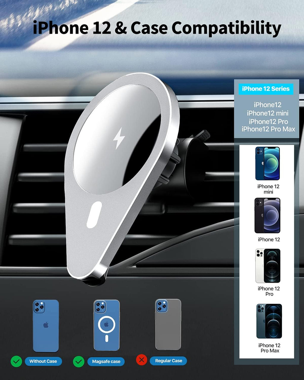 Magnetic Wireless Car Charger,Ikeer Fast Wireless Car Charger Phone Mount,15W Auto-Clamping Air Vent Holder,For Iphone 13/13 Pro/13Pro Max/13 Mini/12/12 Pro/12 Pro Max/12 Mini