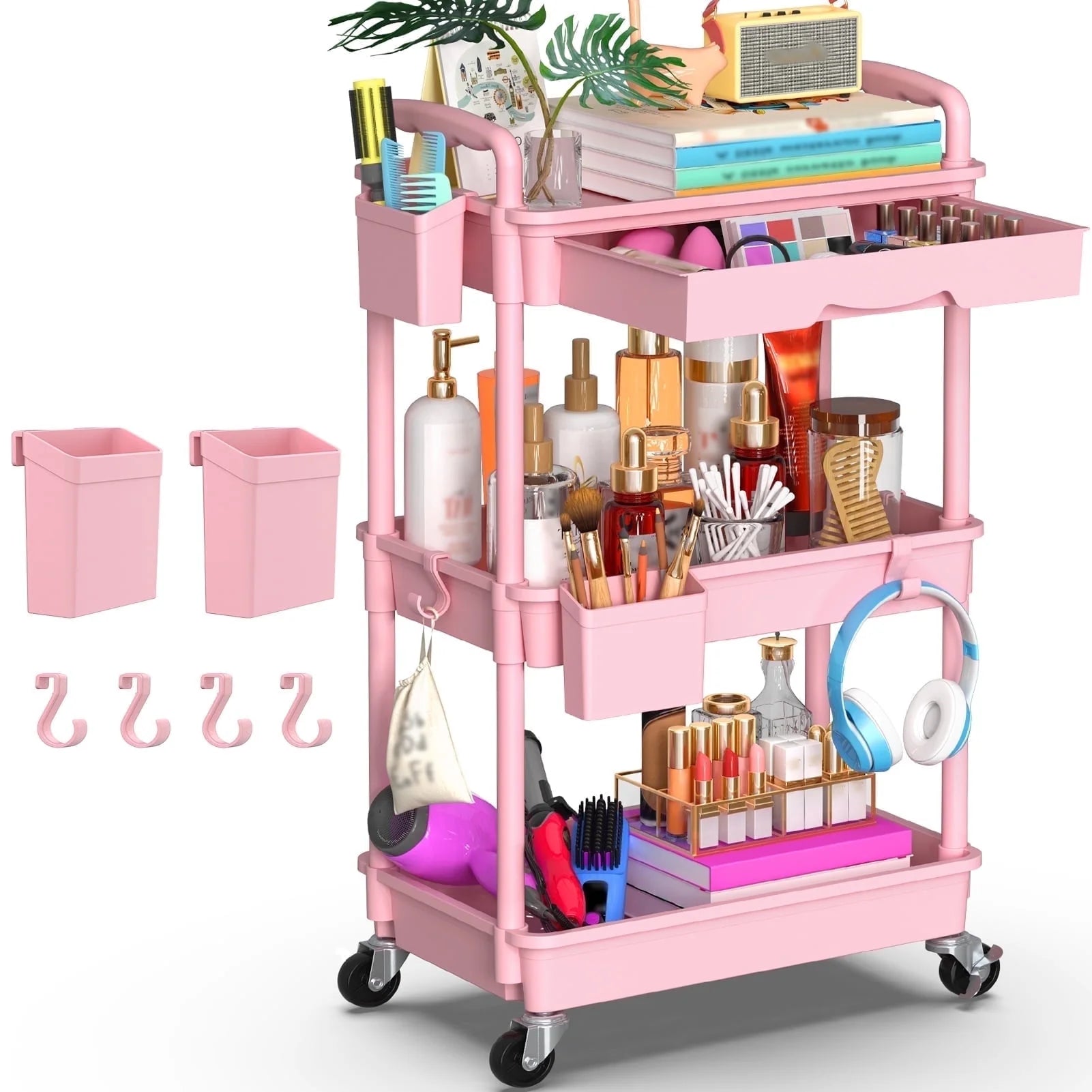 Yeabett 4 Tier Rolling Utility Cart Organizer with Removable Drawer, Mobile Storage Carts with 2 Lockable Wheels for Bathroom, Kitchen, Snack, Craft, Makeup, Baby Essentials, White