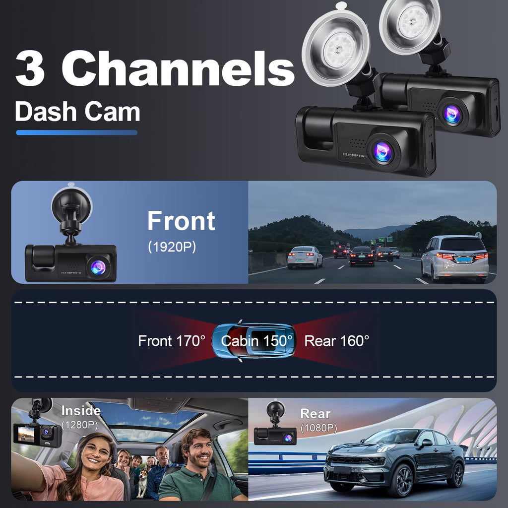 AILKIN Dash Cam Front and Rear,Full HD 1920P/1080P Dash Cam Wifi App 3 Channel Dash Cam Front and Rear inside 170°Wide Angle Loop Recording Dash Camera for Cars with Night Vision