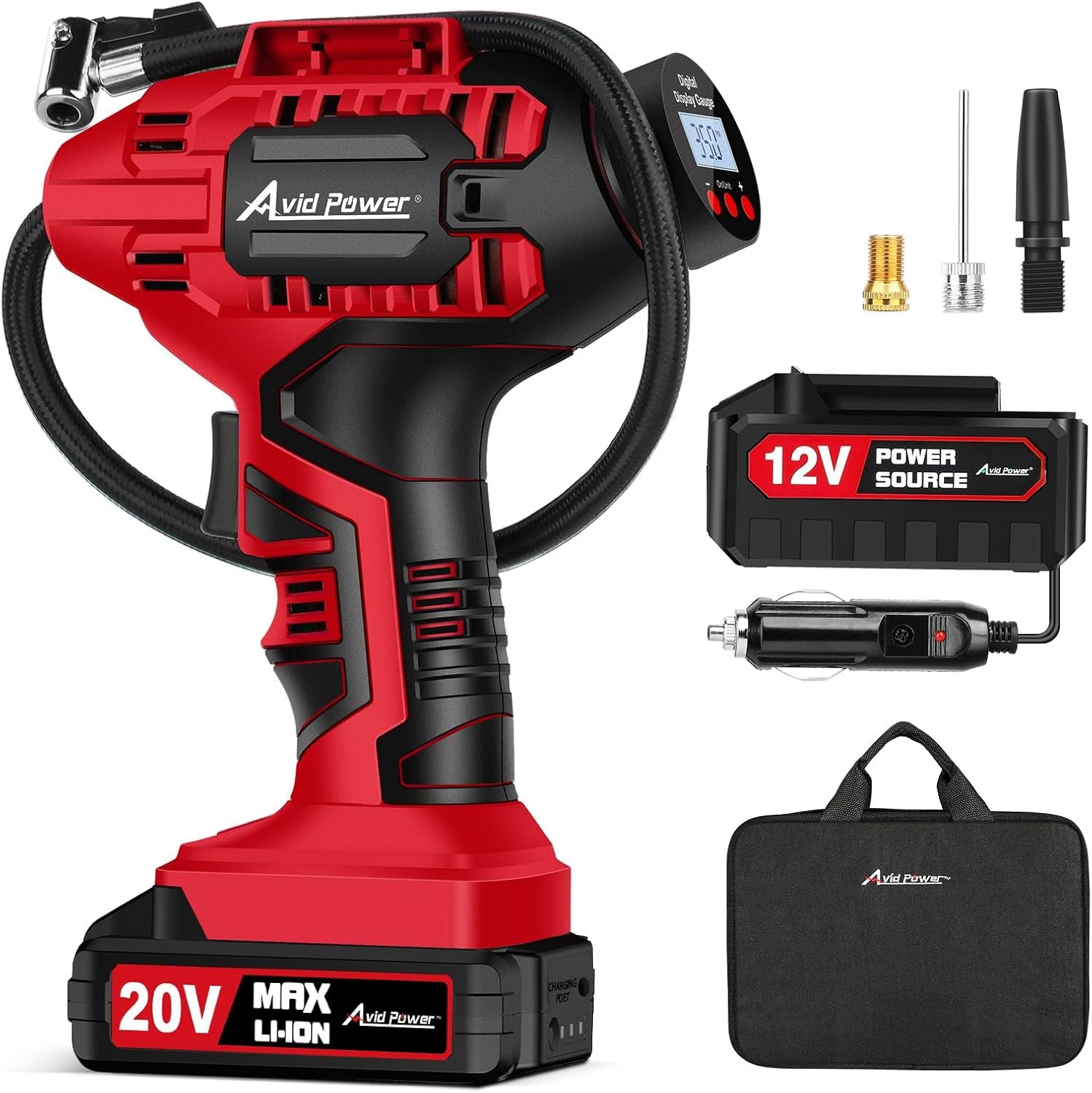 AVID POWER Tire Inflator Portable Air Compressor, 20V Cordless Car Tire Pump, Rechargeable Battery Powered Air Compressor W/12V DC Adapter, Digital Pressure Gauge