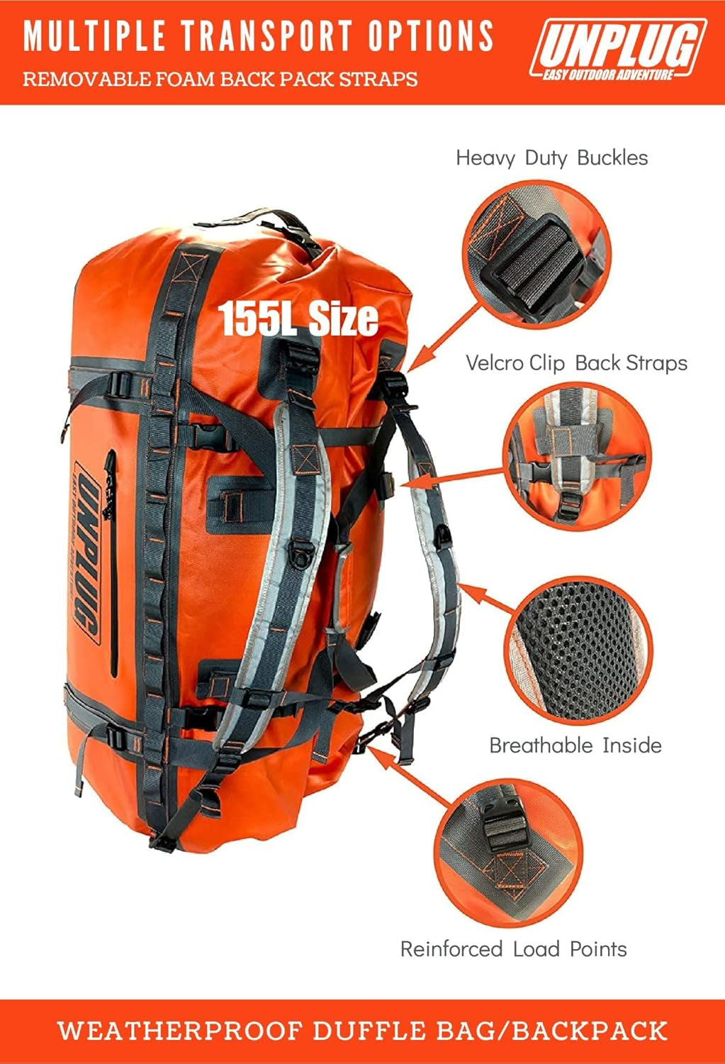 UNPLUG Ultimate Adventure | 1680D Heavy Duty Waterproof Bag | Large Travel Bag Which Can Be Used for Camping, Motorcycling, Boating, or Hunting|155L Adventure Orange