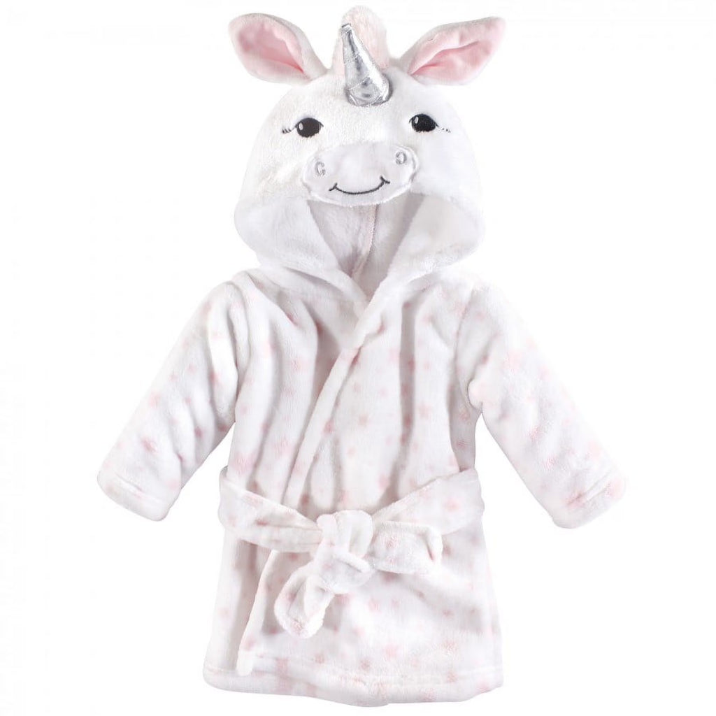 Hudson Baby Infant Girl Plush Animal Bathrobe, White Unicorn, 0-9 Months