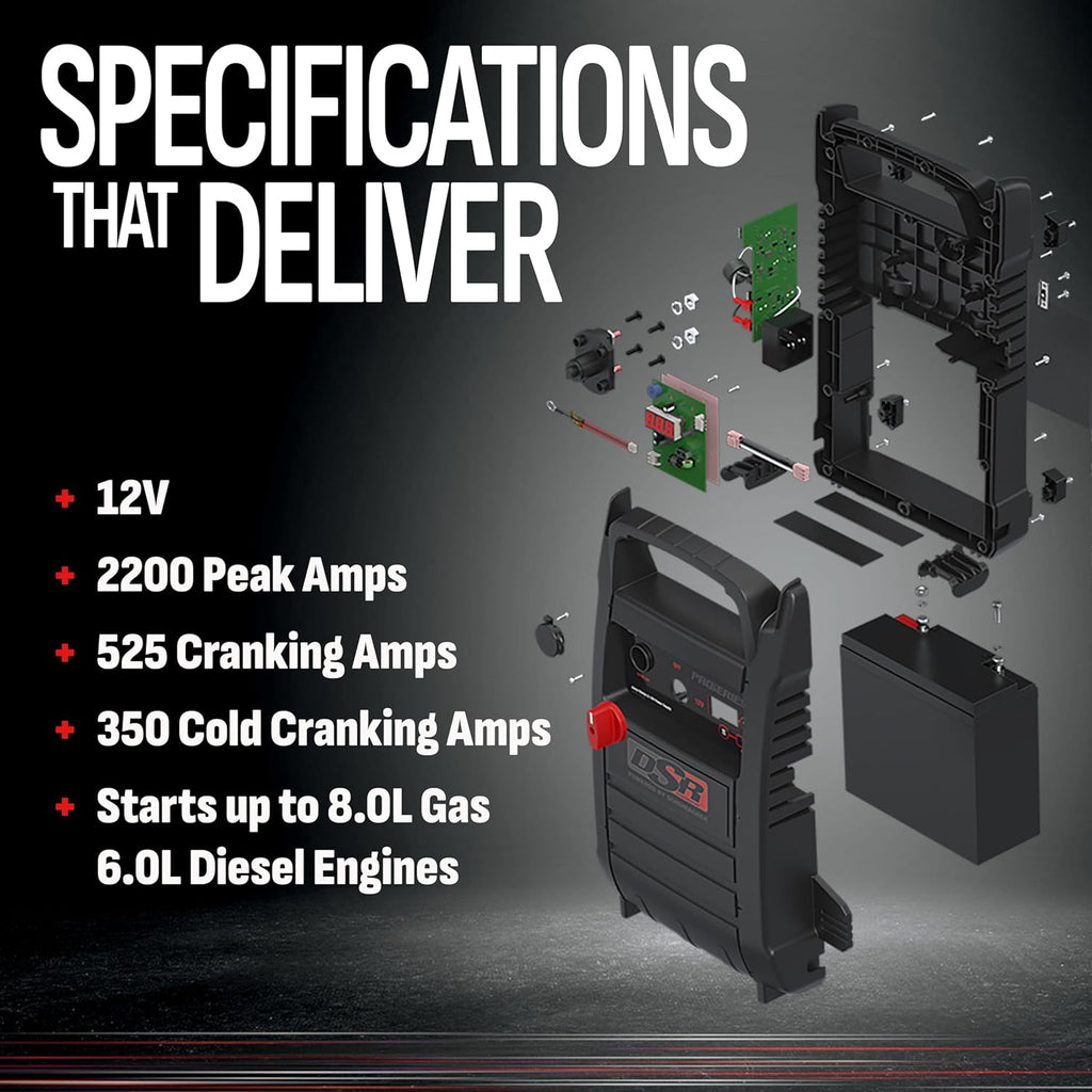 Schumacher Electric DSR Proseries Car Battery Jump Starter - 2200 Peak Amp 12V Car Starter, Jump Box & Portable Power Station - Digital Display, Heavy-Duty Clamps - DSR165