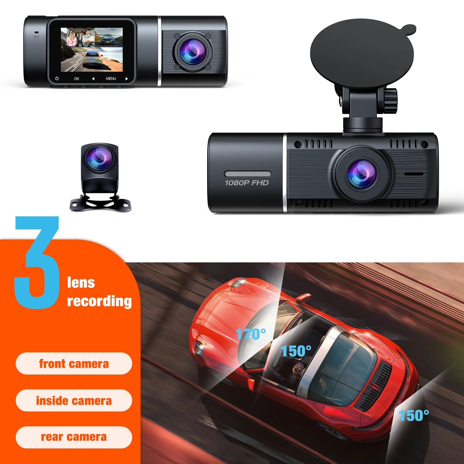 TOGUARD 3 Channel Dash Cam 1080P Dash Cam Front and Rea with 64GB SD Card Infrared Night Vision Car Camera, WDR, Emergency Lock, Parking Monitor