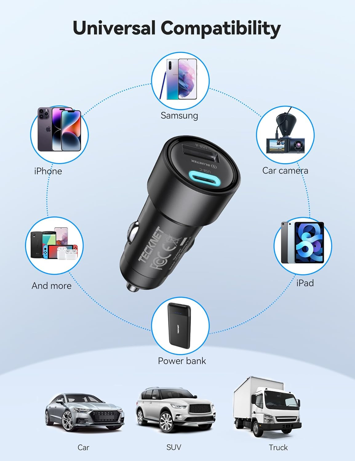 TECKNET 48W Dual USB Car Charger - Fast Charging Adapter for iPhone 17/16/15/14 Pro Max/Plus & Galaxy (2-Pack)