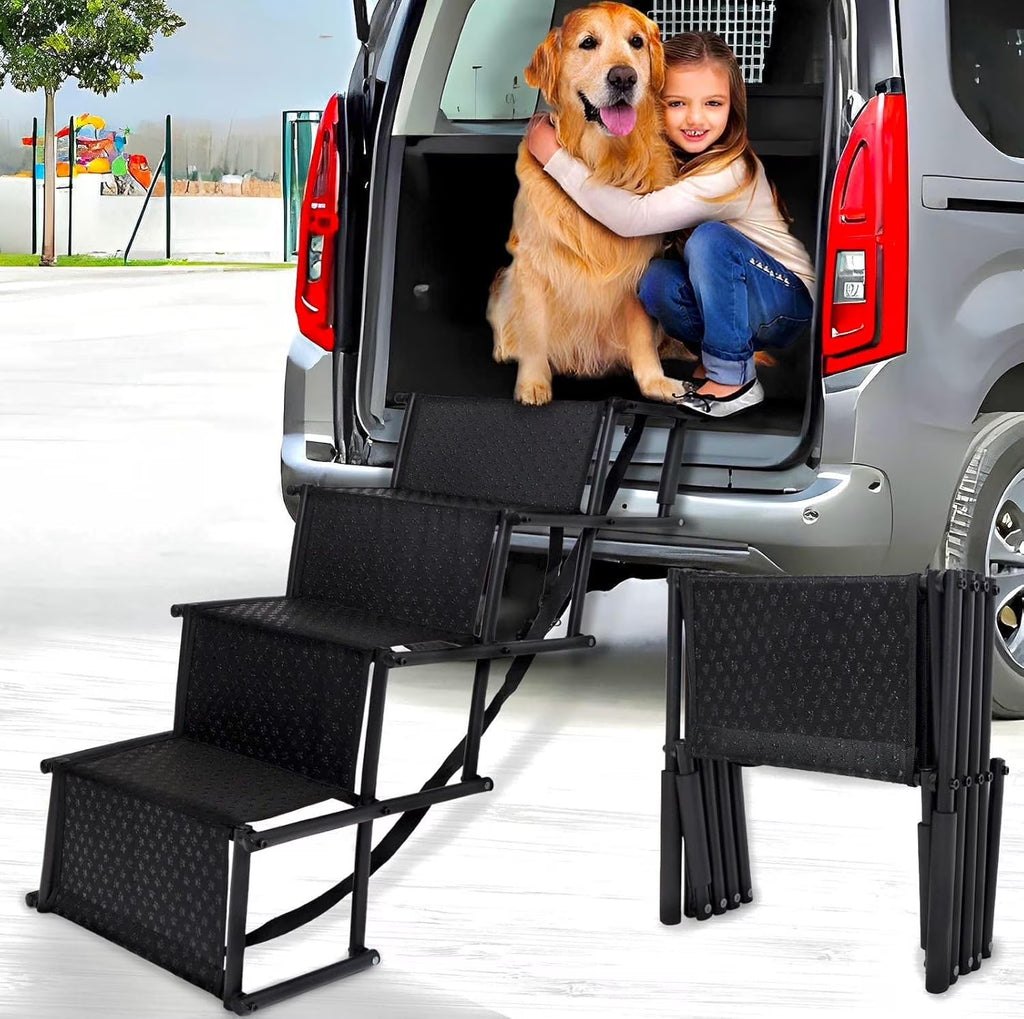Dog Stairs for Car, Foldable Dog Ramps for Large Dogs with Non Slip Surface, Portable Dog Steps for Cars and SUV, Truck, Support up to 150 Lbs (4 Steps)