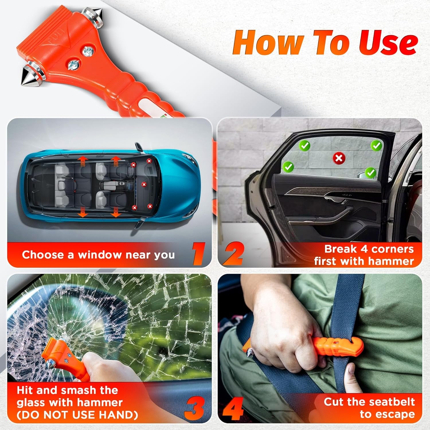 IPOW 2 Pack Car Window Breaker & Seatbelt Cutter - Essential Heavy-Duty Safety Hammer for Emergency Escape & Auto Rescue Kit for Home, Office, and Vehicles