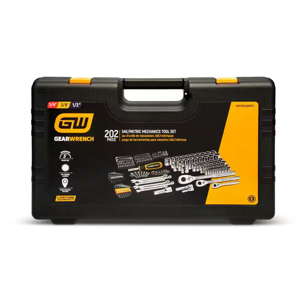 1/4 In., 3/8 In., and 1/2 In. Drive 72-Tooth 6-Point SAE/MM Mechanics Tool Set (202-Piece)