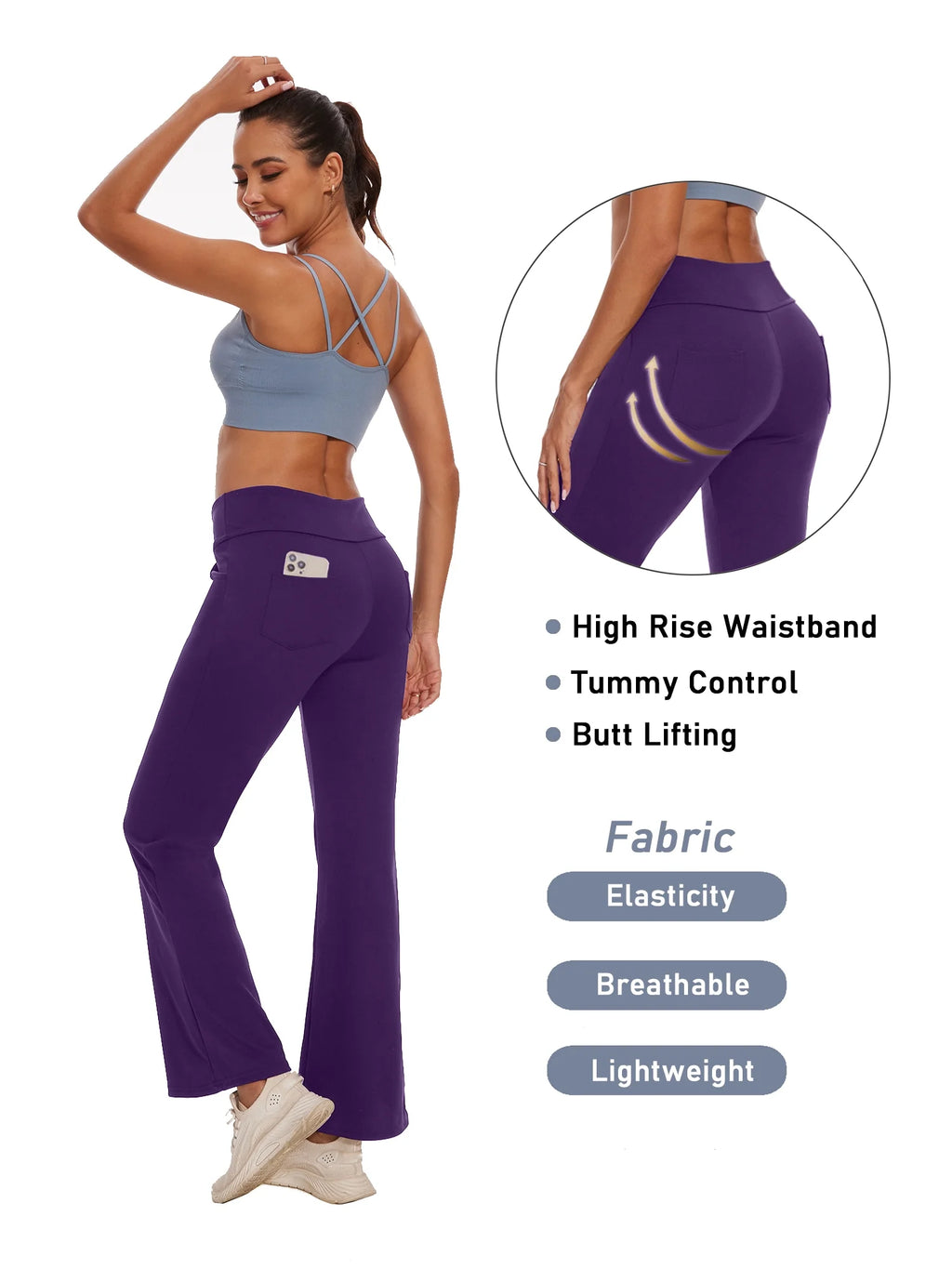 Pantalones De Yoga Bootcut Para Mujer Con Bolsillos, Leggings Acampanados Para Hacer Ejercicio, Cintura Alta, Livianos, Pantalones De Ropa Deportiva, Morado 2XL