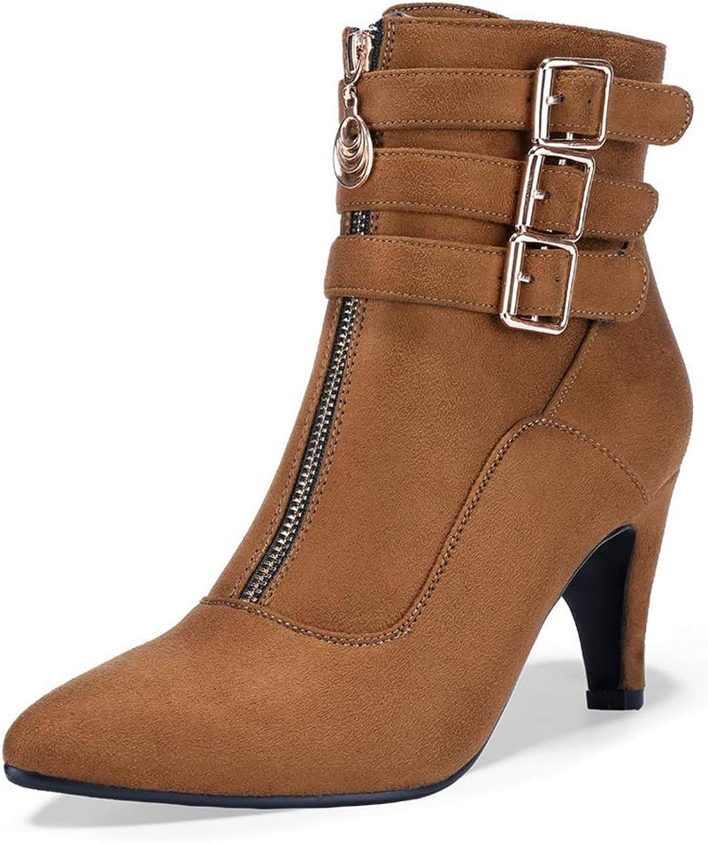 IDIFU Women'S Pointed Toe Metal Buckle Two Strap Ankle Booties Side Zipper Kitten Heel Dress Classic Short Boots