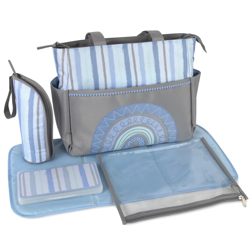 Baby Essentials 14.5"L Rainbow 5 Piece Multi-Pocket Diaper Bag Tote with Matching Changing Pad, Baby Wipes Case, Insulated Bottle Bag & Organizer Pouch for Newborns, Infants & Toddlers in Blue & Gray