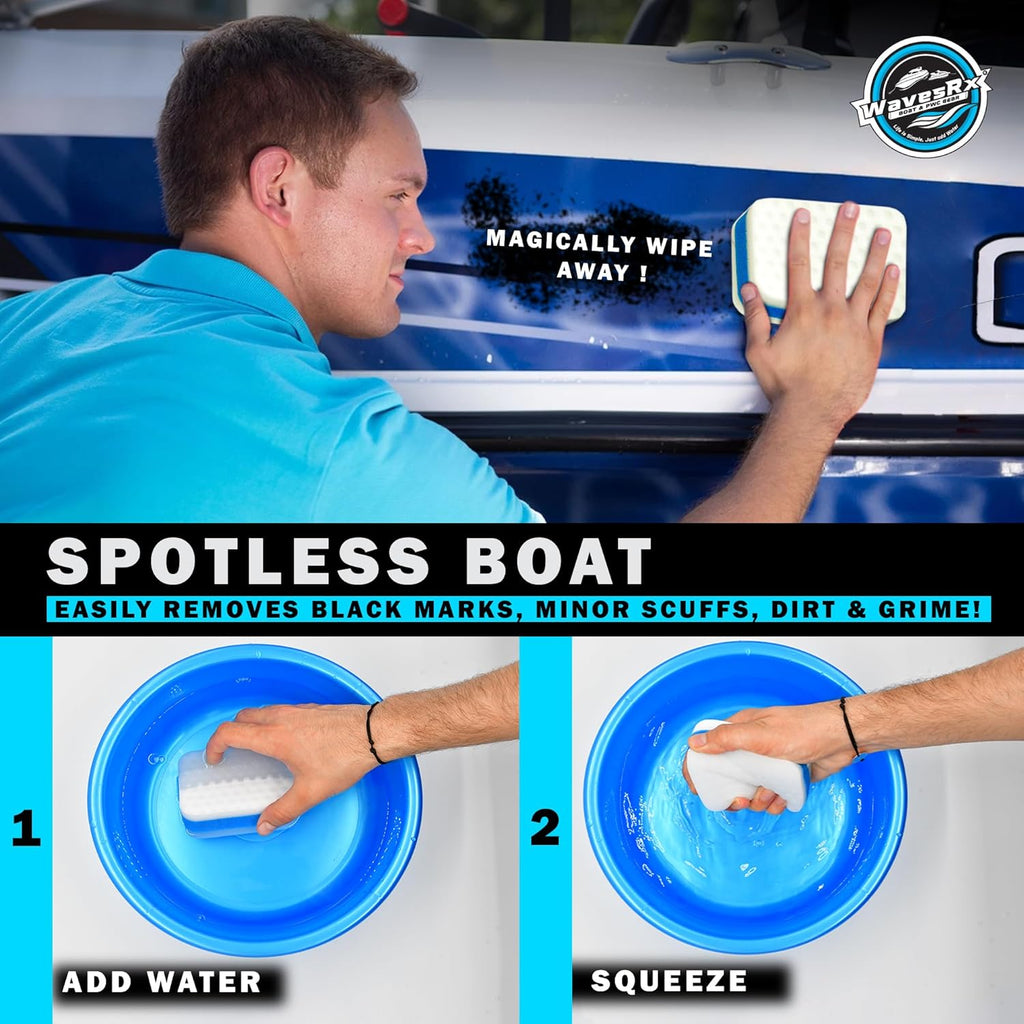 WAVESRX Marine Scuff and Dirt Eraser Sponges for Boats, Jet Ski & PWC | Magic Cleaning Pads Effortlessly Remove Deck Marks, Scratches, Black Streaks and Grease | No Harsh Chemicals