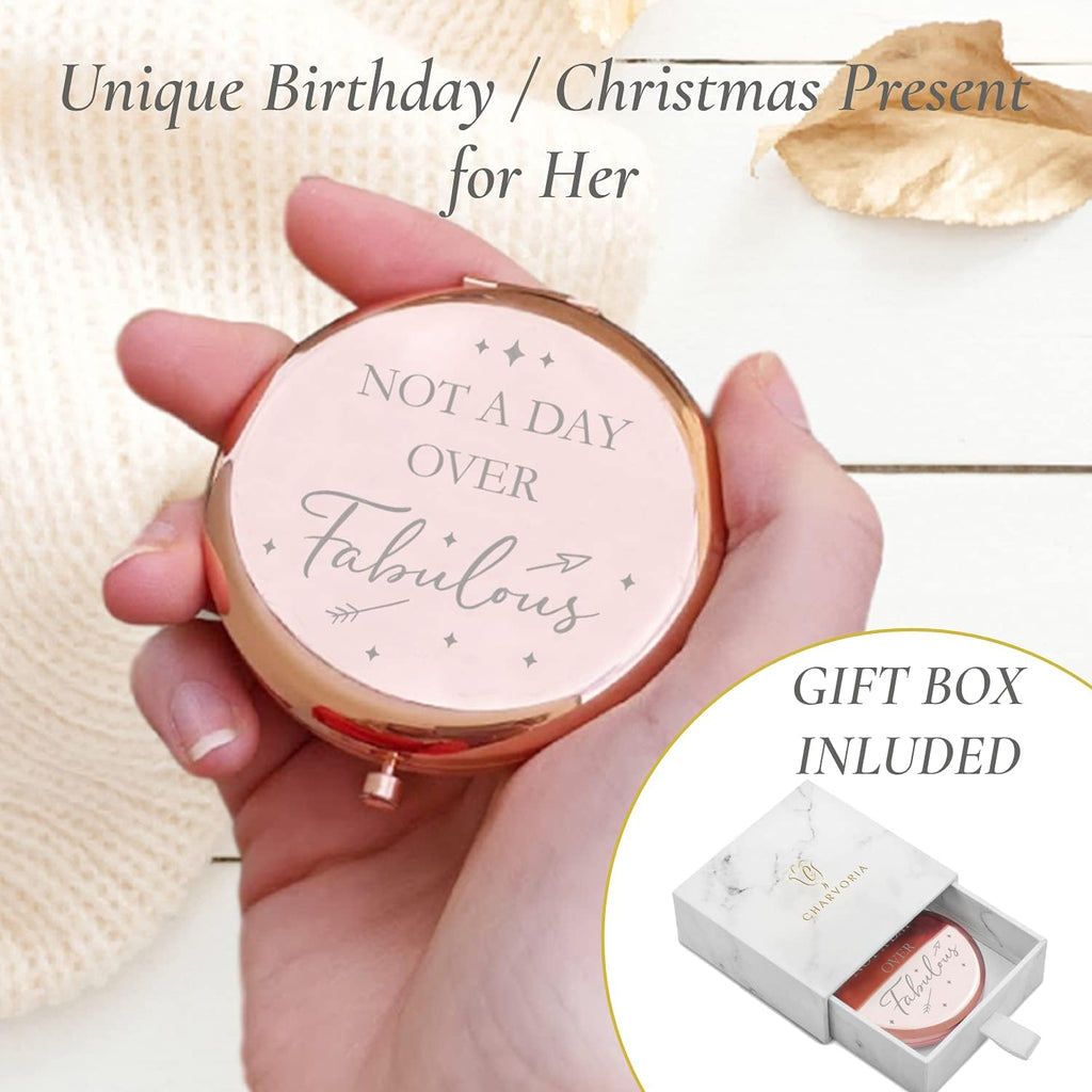 CV CHARVORIA Birthday Gifts for Women - Not a Day over Fabulous Rose Gold Compact Mirror - Birthday Gift Ideas for Friend; Coworker, Aunt, Mom - All Ages Inc. 30Th, 40Th, 50Th 60Th, 70T 80Th