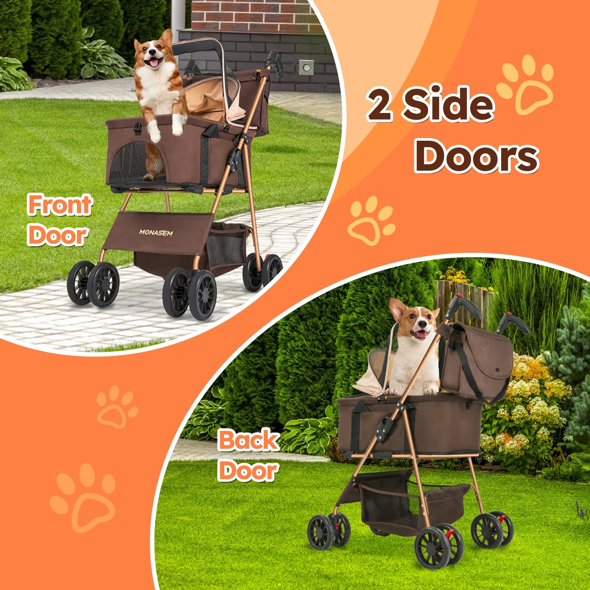3-In-1 Pet Stroller, Foldable 4-Wheel Cat & Dog Stroller with Detachable Carrier, Canopy and Storage Basket, up to 60Lbs, Brown