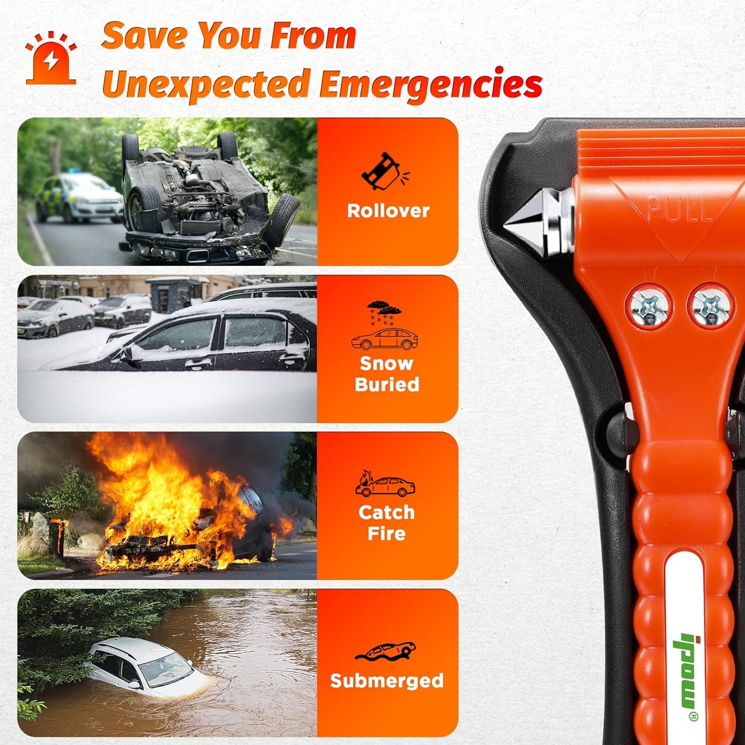 IPOW 2 Pack Car Window Breaker & Seatbelt Cutter - Essential Heavy-Duty Safety Hammer for Emergency Escape & Auto Rescue Kit for Home, Office, and Vehicles