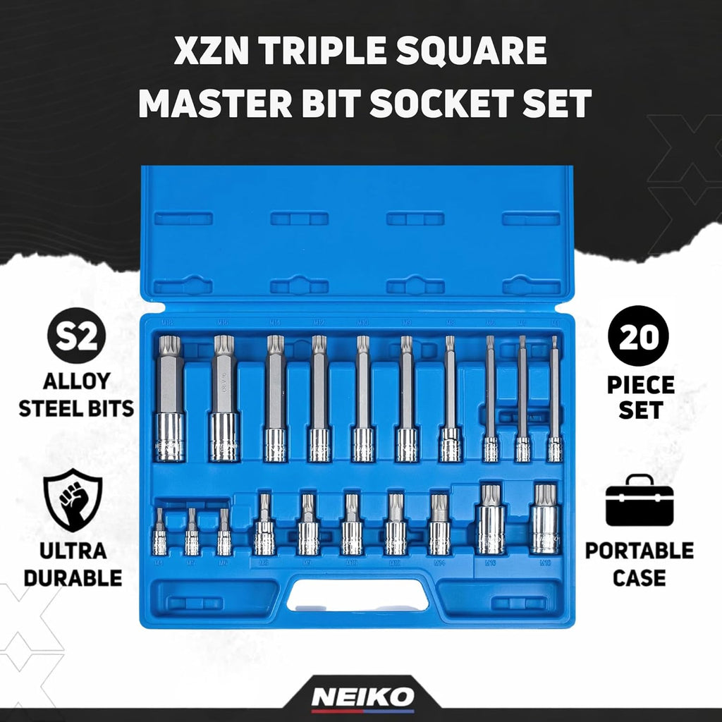 NEIKO 10054A Extra Long XZN Triple Square Spline Bit Socket Set - 10-Piece, 4" Length, 4mm to 18mm, Durable S2 and Cr-V Steel