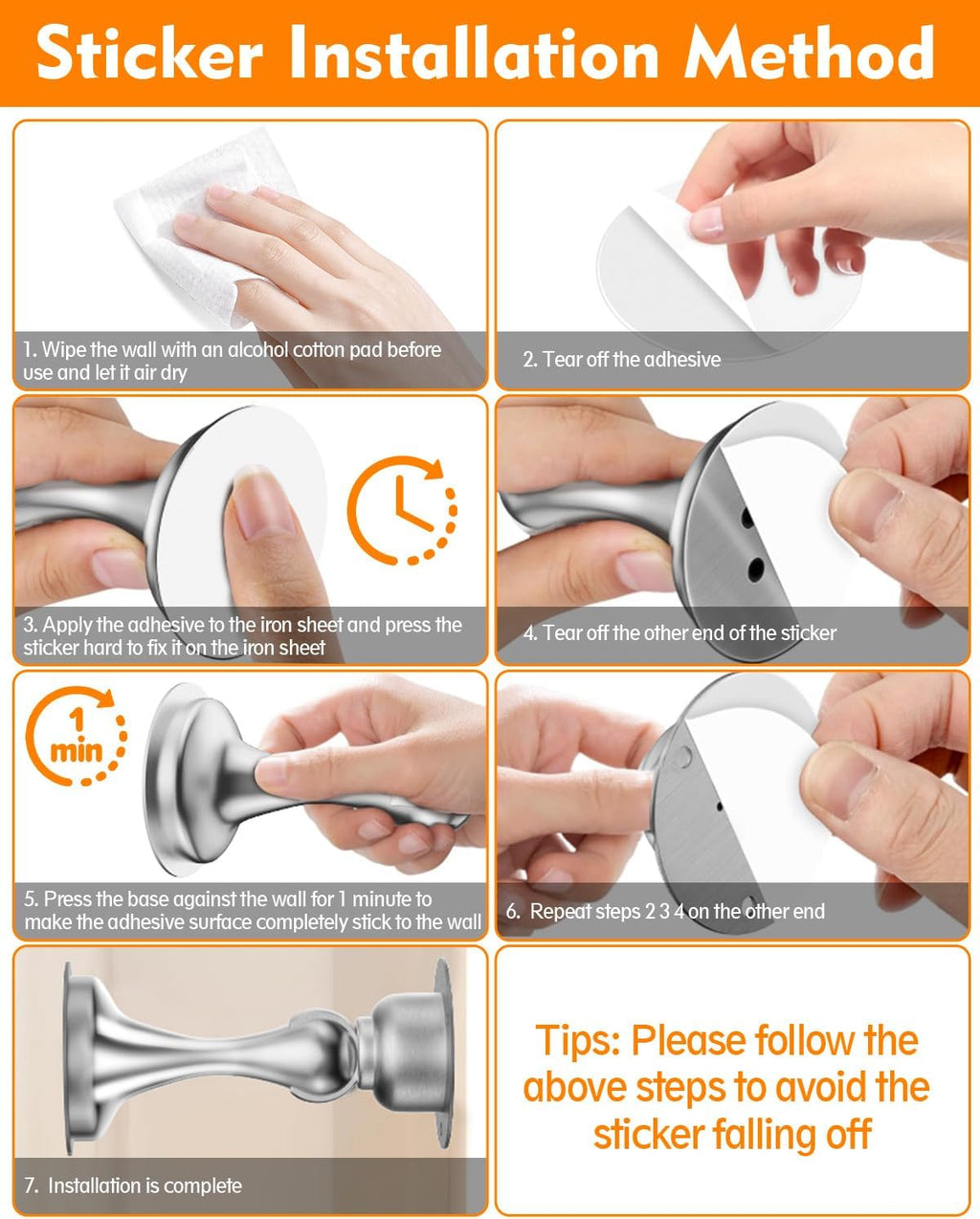 Magnetic Door Stoppers - 2 Pack Stainless Steel with No-Drill Adhesive for Strong Hold - Perfect for Wide Doors