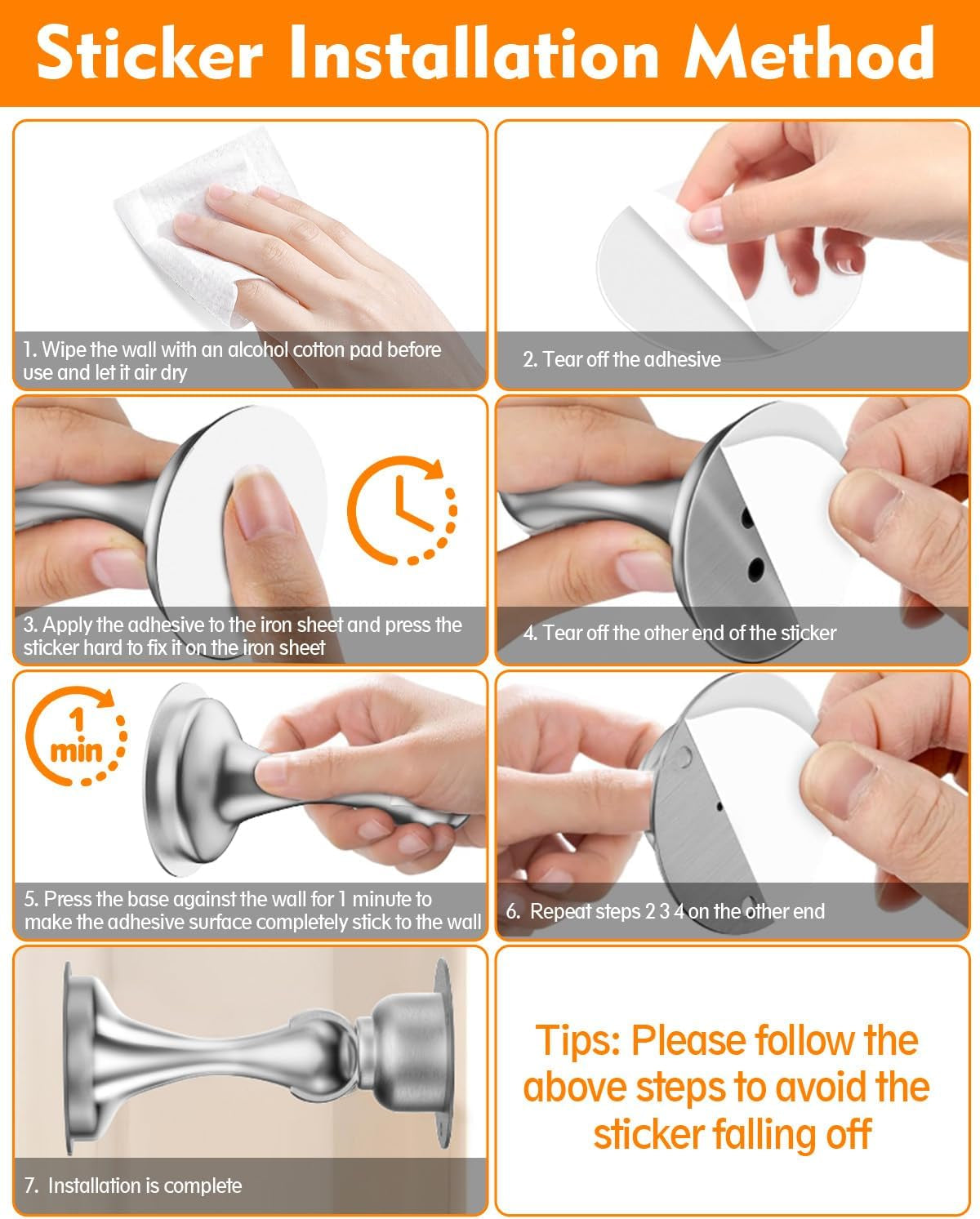 Magnetic Door Stoppers - 2 Pack Stainless Steel with No-Drill Adhesive for Strong Hold - Perfect for Wide Doors