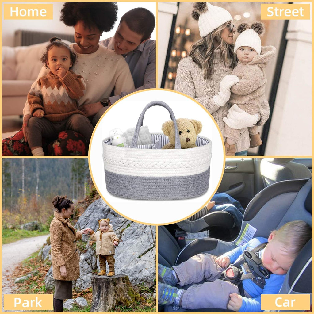Baby Diaper Caddy Organizer, Portable Diaper Caddy Basket for Baby Boys and Girls, Cotton Rope Diaper Basket Organizer - Baby Basket with Compartments (Grey)