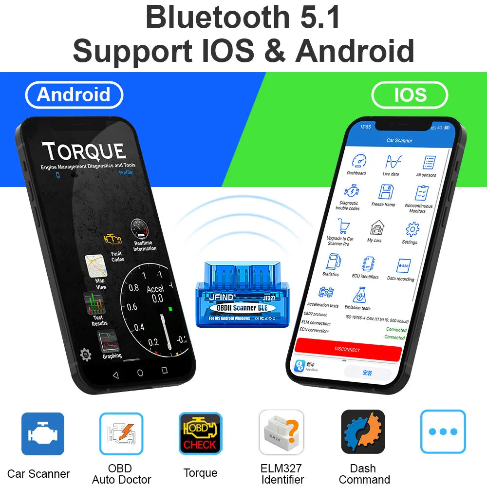 JFIND JF327 BLE ELM327 OBD 2 OBD2 Car Diagnostic Tools PIC18F25K80 Bluetooth 5.1 for Android/Ios Car Scanner PK Vgate KONNWEI