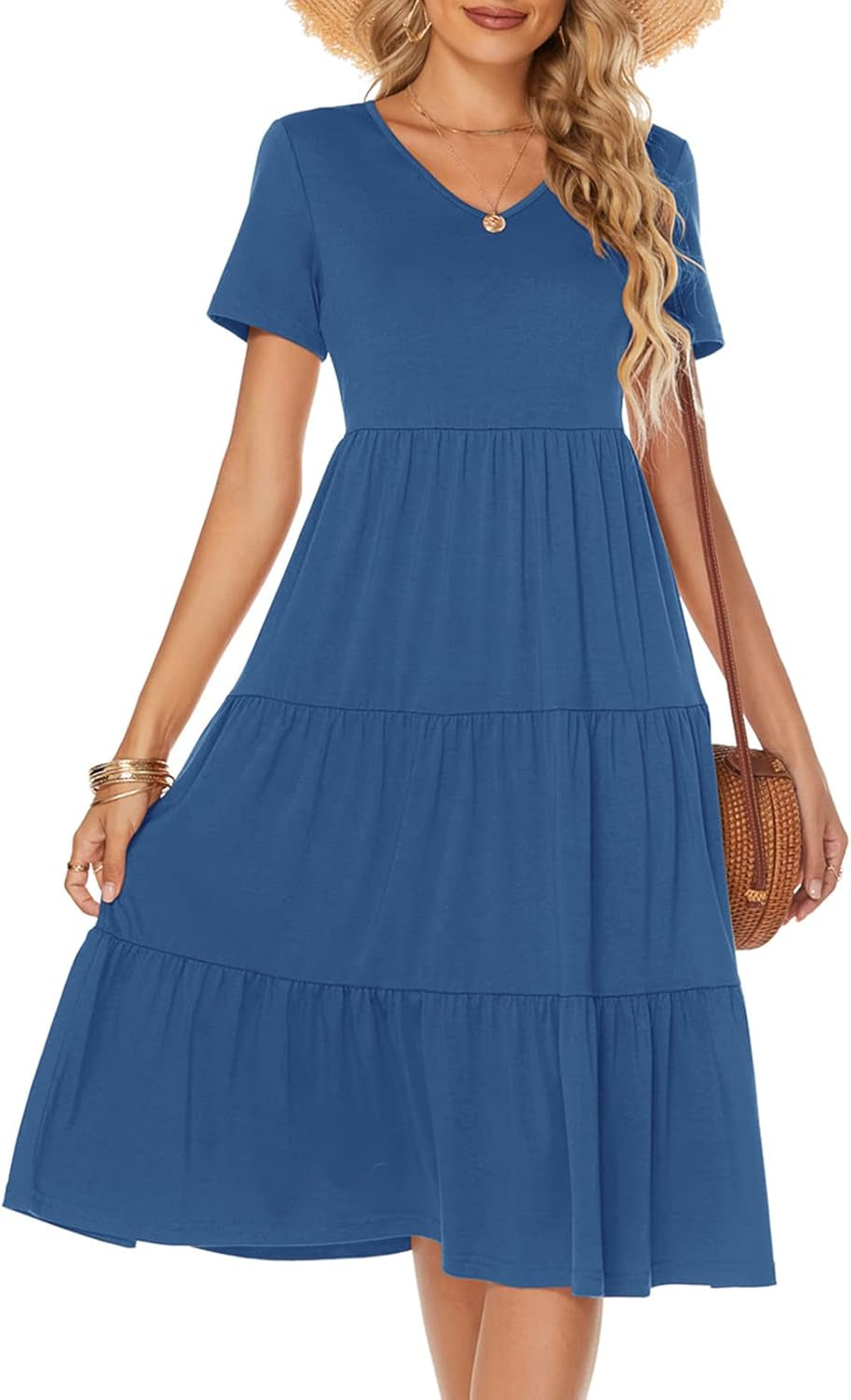 Berydress Women'S Casual Summer Tiered Midi Dress 2025 Short Sleeve V-Neck Loose Cotton Ruffle Babydoll Dress Boho Sundress