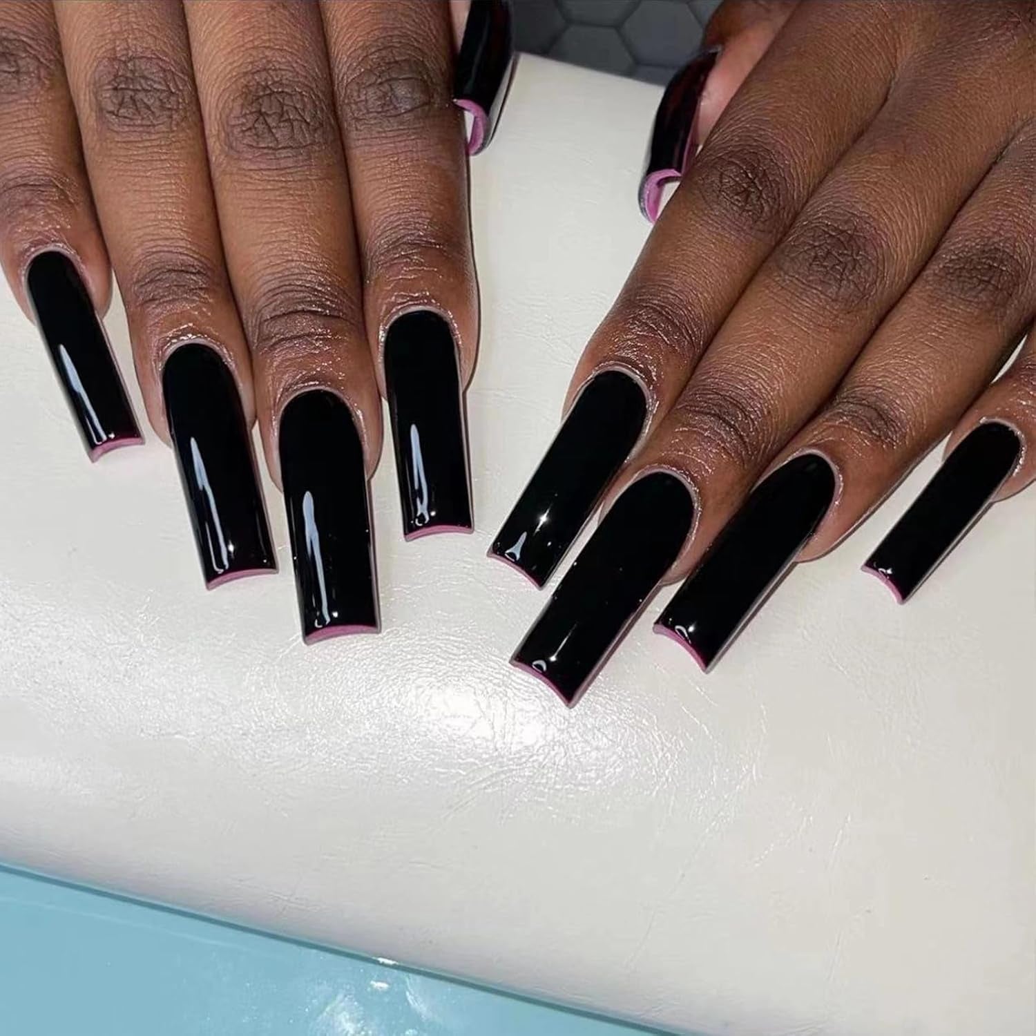 MISUD Long Square Press-On Nails - Black French Tip with Acrylic Flower Rhinestone Design, 24 Pcs