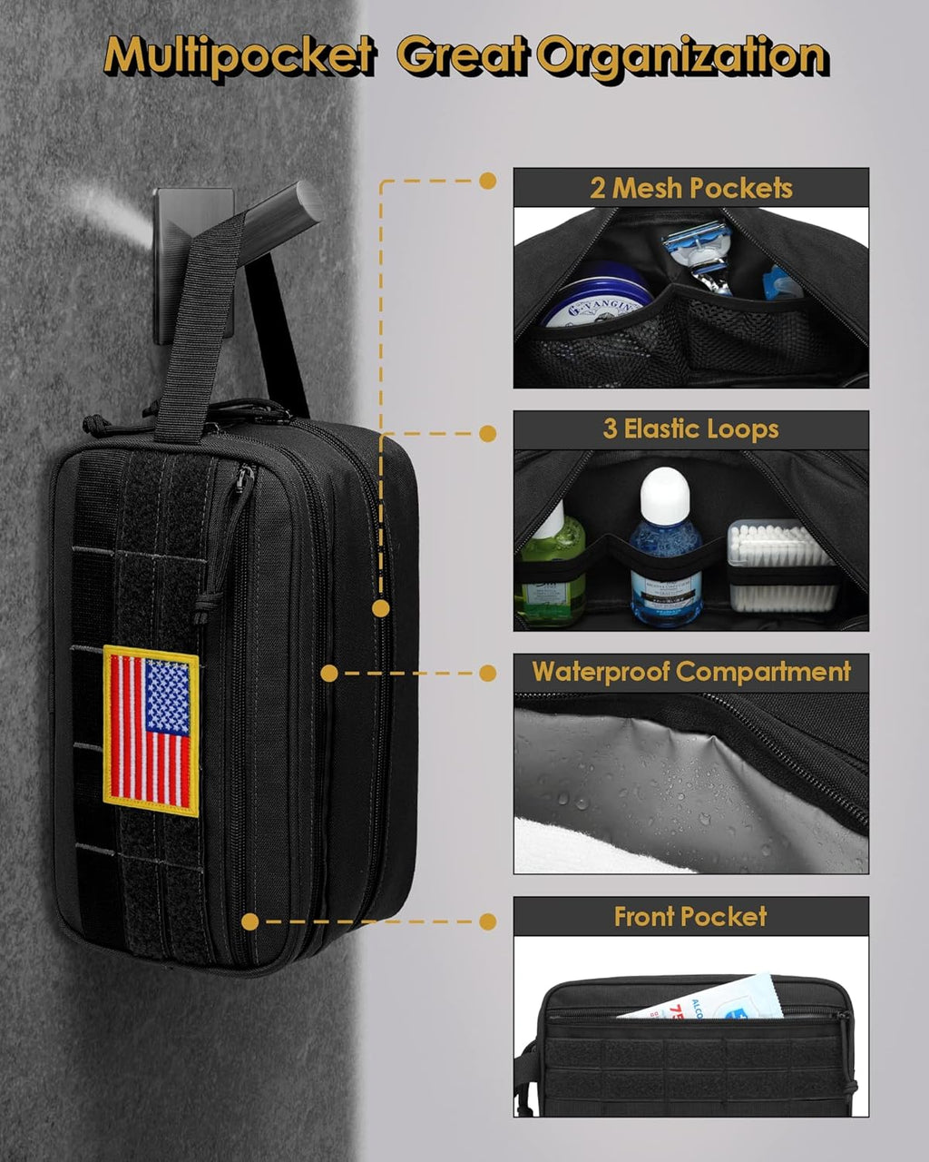 TACTICISM Toiletry Bag for Men - Dry Wet Separate Travel Toiletry Bag, Tactical Molle Dopp Kit for Men with Water-Resistant Shaving Bag for Adult Women for Travel, Black