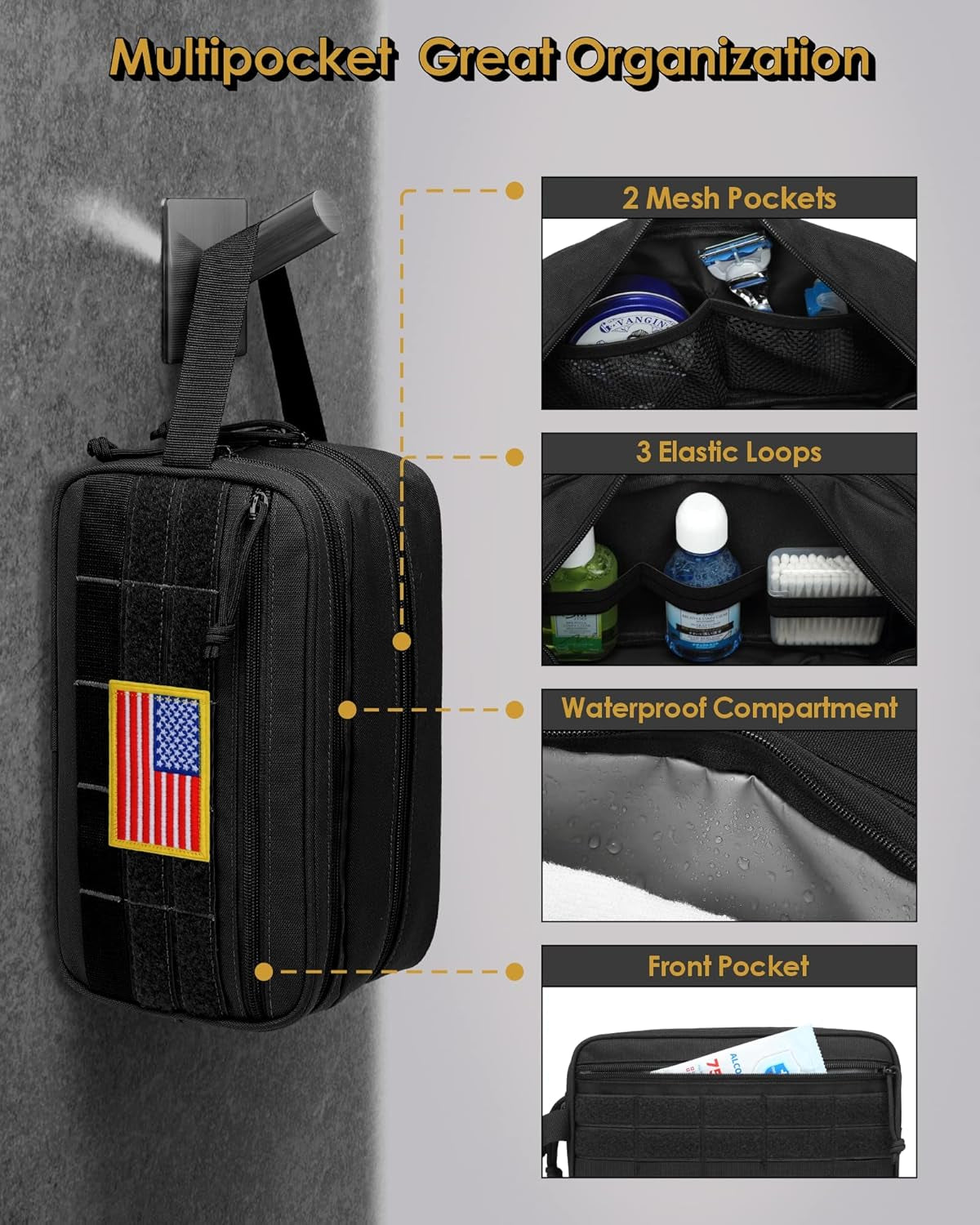 TACTICISM Toiletry Bag for Men - Dry Wet Separate Travel Toiletry Bag, Tactical Molle Dopp Kit for Men with Water-Resistant Shaving Bag for Adult Women for Travel, Black