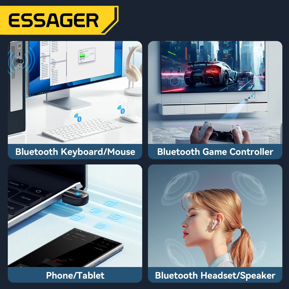 Essager USB Bluetooth 5.3 Adapter Aux Audio Receiver Transmitter for PC Speaker Laptop Soundbox Wireless Mouse USB Transmitter