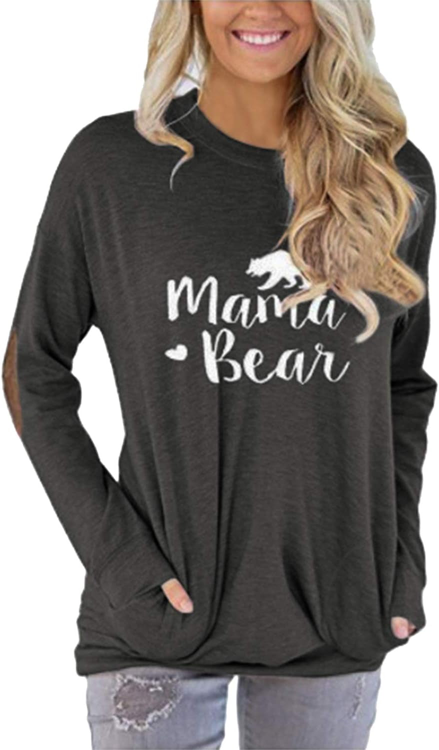Pink Queen Women'S Mama Bear Shirt Long Sleeve Patches Pockets Top Black Size S