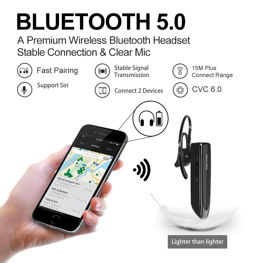 New Bee B41 Wireless Bluetooth 5.0 Earphones Hands-Free Mini Headset 22H Music Playing Earpieces with CVC 6.0 Mic for Iphones