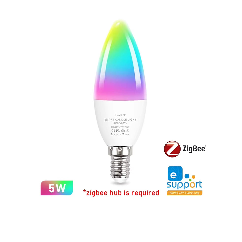 Smart WiFi Zigbee Dimmable LED Light Bulb E27 E14 GU10 RGBCW 2700-6500K Compatible with Ewelink APP, Alexa, Google Home, and Yandex