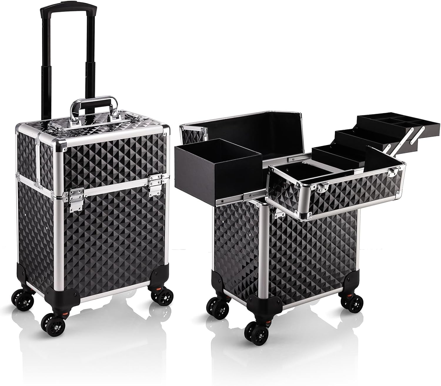 Stagiant Rolling Makeup Train Case Large Storage Cosmetic Trolley 4 Tray with Sliding Rail Removable Middle Layer with Key Swivel Wheels Salon Barber Case Traveling Cart Trunk