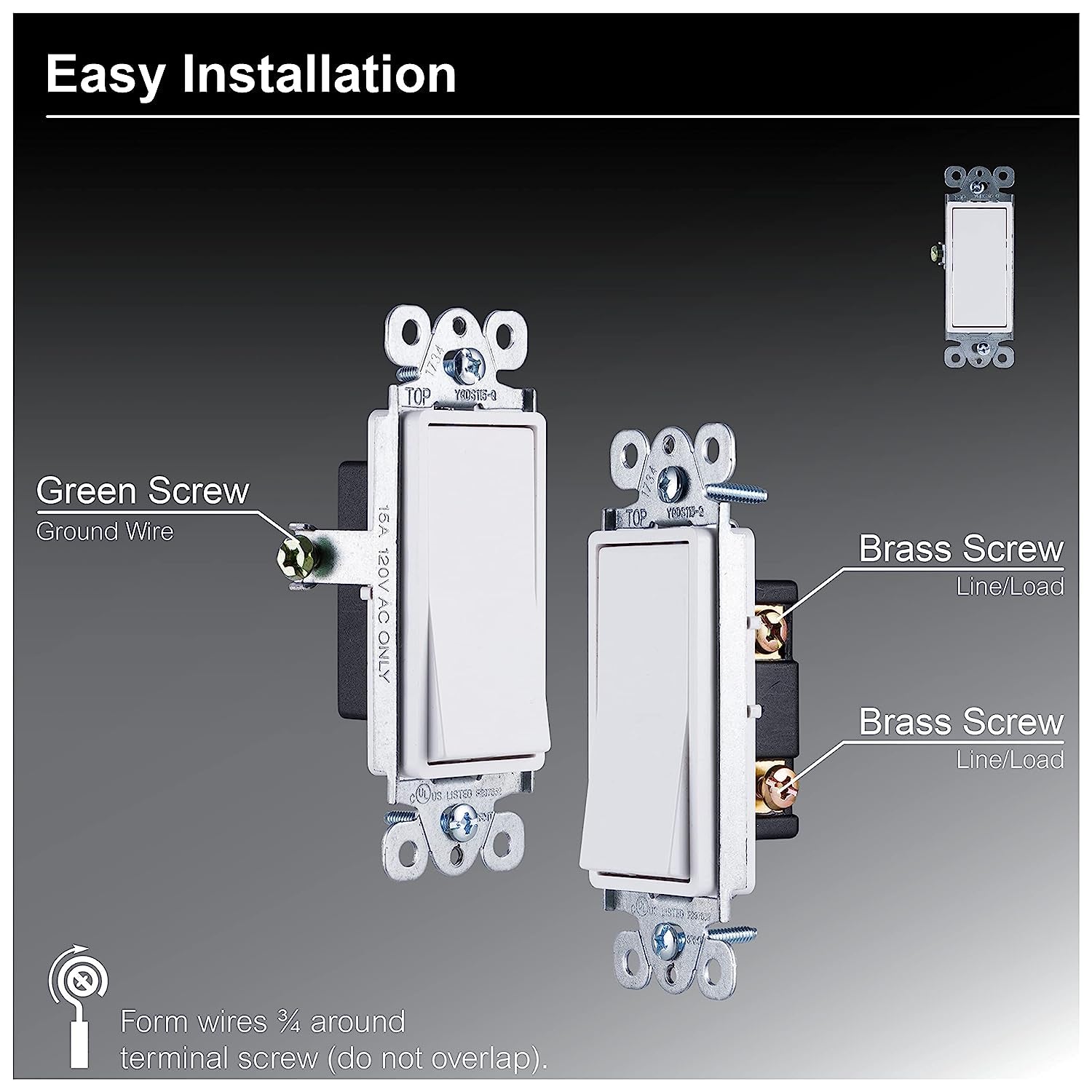 GE Paddle Rocker Switch - Single Pole On/Off Light & Ceiling Fan Replacement, UL Listed, Grounding, White - Model 50726