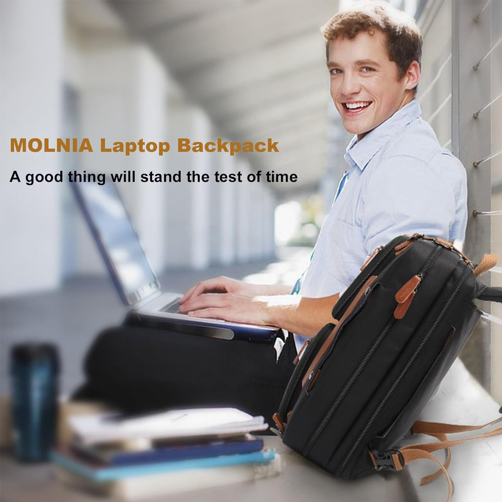 MOLNIA 3-in-1 Versatile Laptop Bag for Men - 17.3 Inch Backpack, Briefcase, and Messenger Bag - Stylish and Functional Computer Bag for Both Men and Women - Sleek Black Design