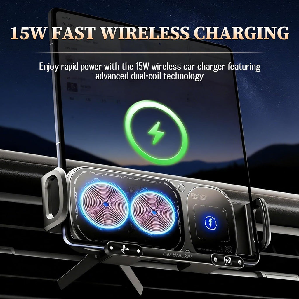 Wireless Charging Rotating Car Mount, 15W Fast Charger with Auto Clamping, One-Click 90° Rotation, 360° Rotation, Anti-Shake Technology, Foldable Phone Fit