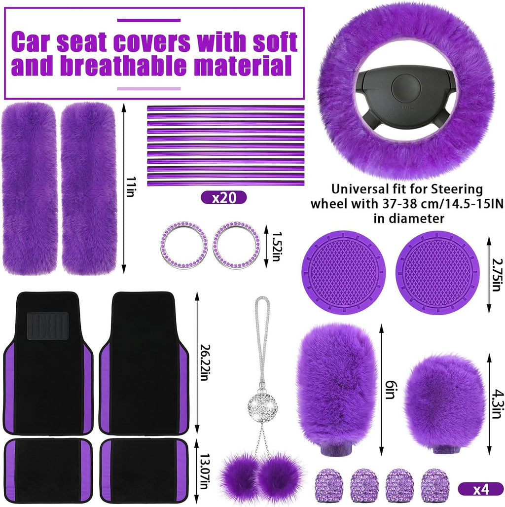Stylish Woanger 47-Piece Car Seat Cover Set for Women - Fluffy Steering Wheel Cover, Floor Mats & More in Purple & Black