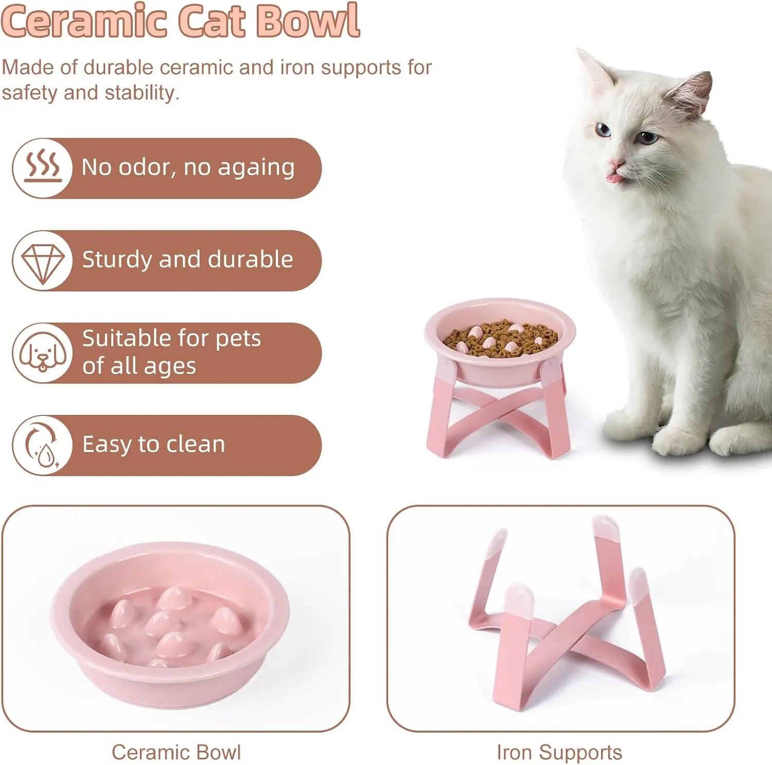 Elevated Ceramic Cat Bowl with Metal Stand - Slow Feeder Pet Dish for Dogs and Cats