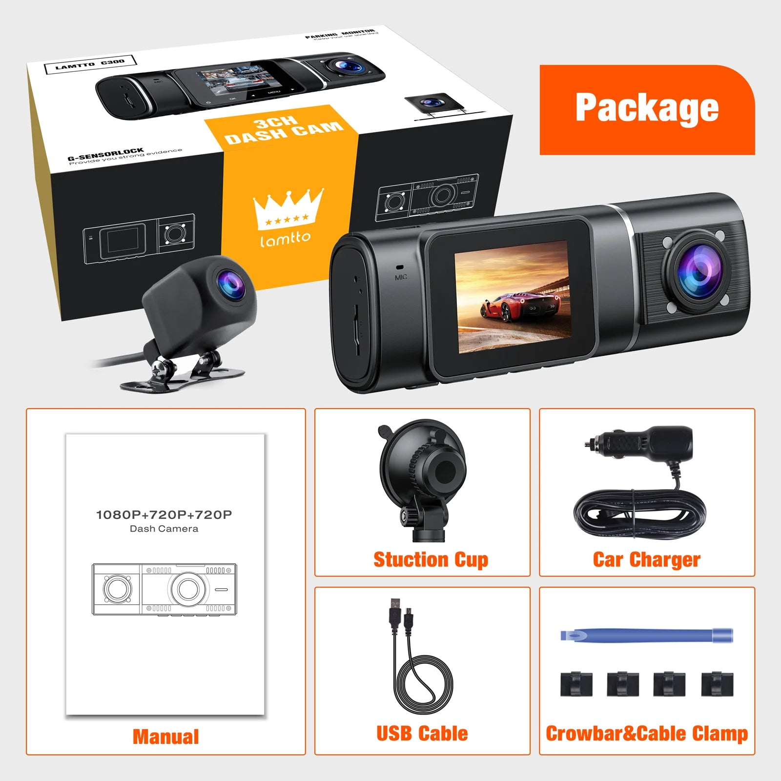 TOGUARD 3 Channel Dash Cam 1080P Dash Cam Front and Rea with 64GB SD Card Infrared Night Vision Car Camera, WDR, Emergency Lock, Parking Monitor