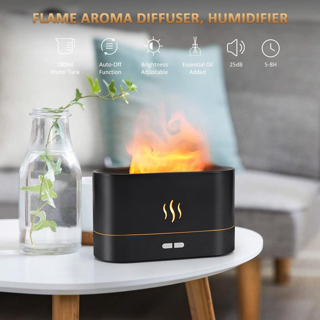 Flame Effect Essential Oil Diffuser & Humidifier - 180ML Auto Off, 2 Brightness Modes for Home, Office, Spa & Gym (White)