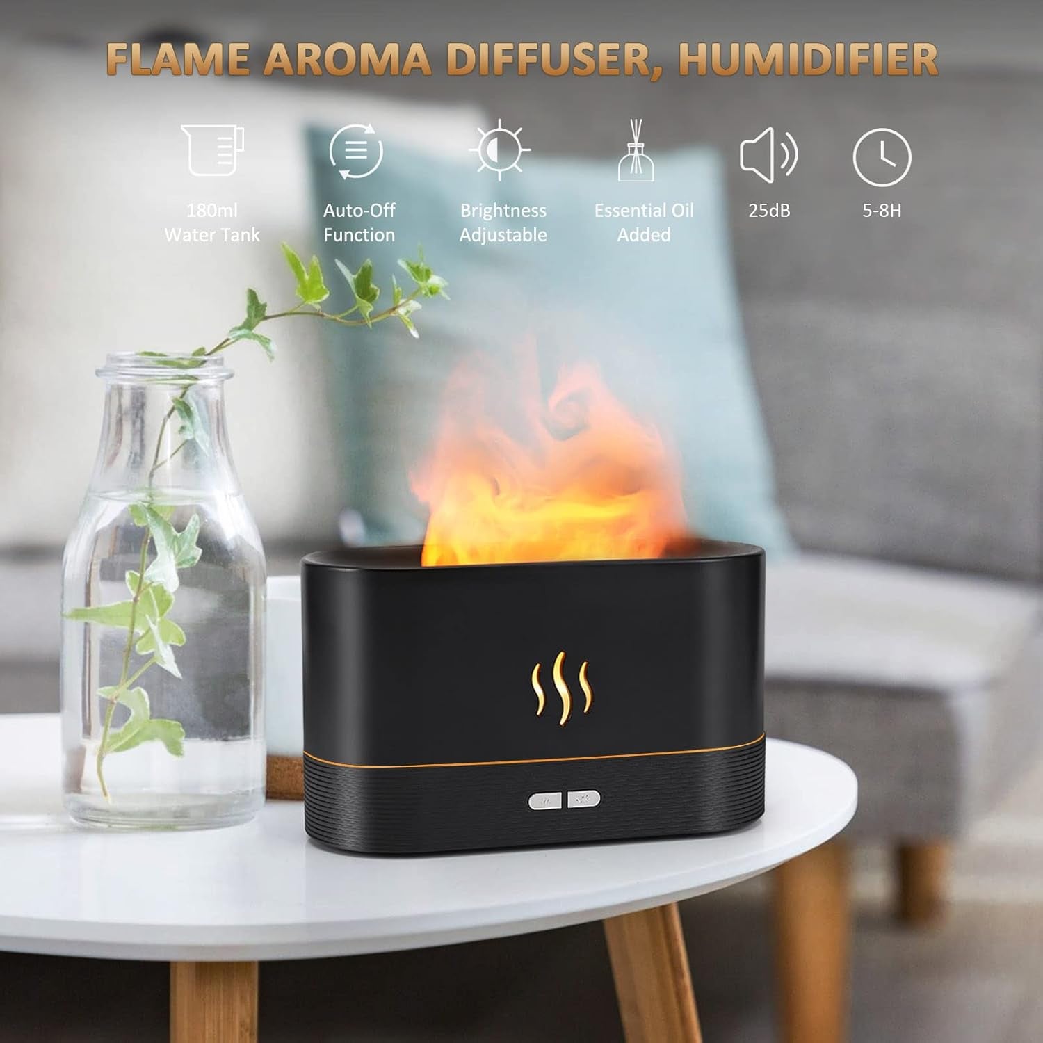 Flame Effect Essential Oil Diffuser & Humidifier - 180ML Auto Off, 2 Brightness Modes for Home, Office, Spa & Gym (White)