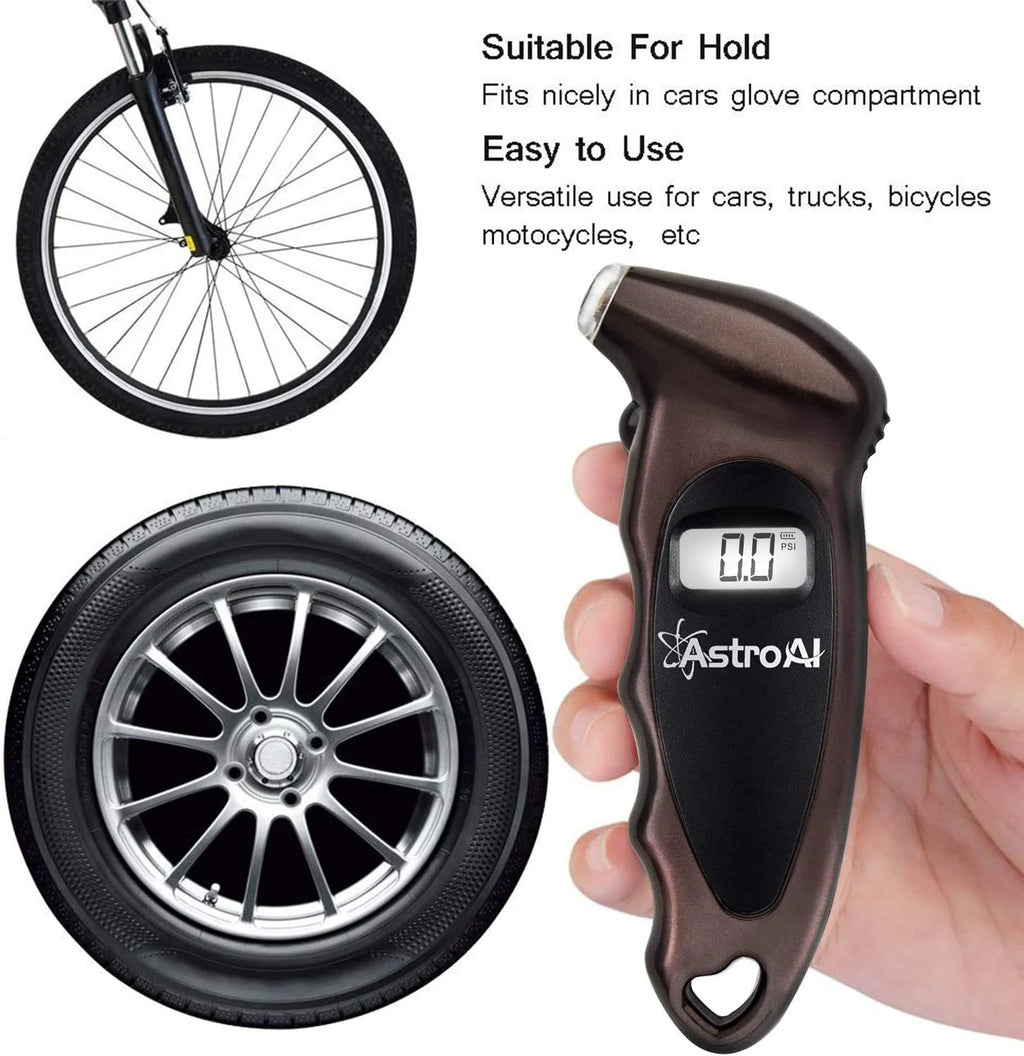 Digital Tire Pressure Gauge, Backlit LCD, 3A Battery, 150 PSI, Brown, 1 Pack, for Car/Truck/Bicycle