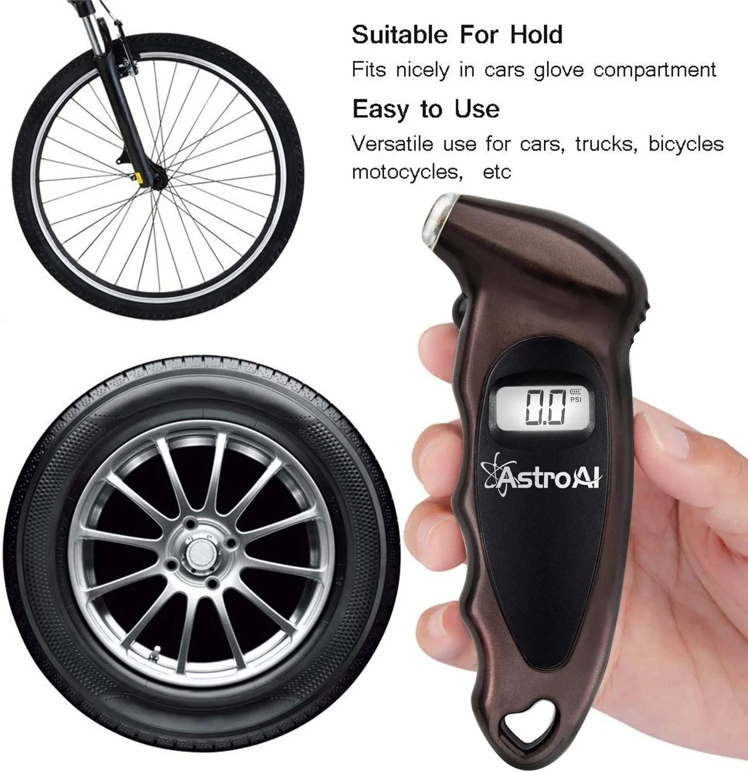 Digital Tire Pressure Gauge, Backlit LCD, 3A Battery, 150 PSI, Brown, 1 Pack, for Car/Truck/Bicycle