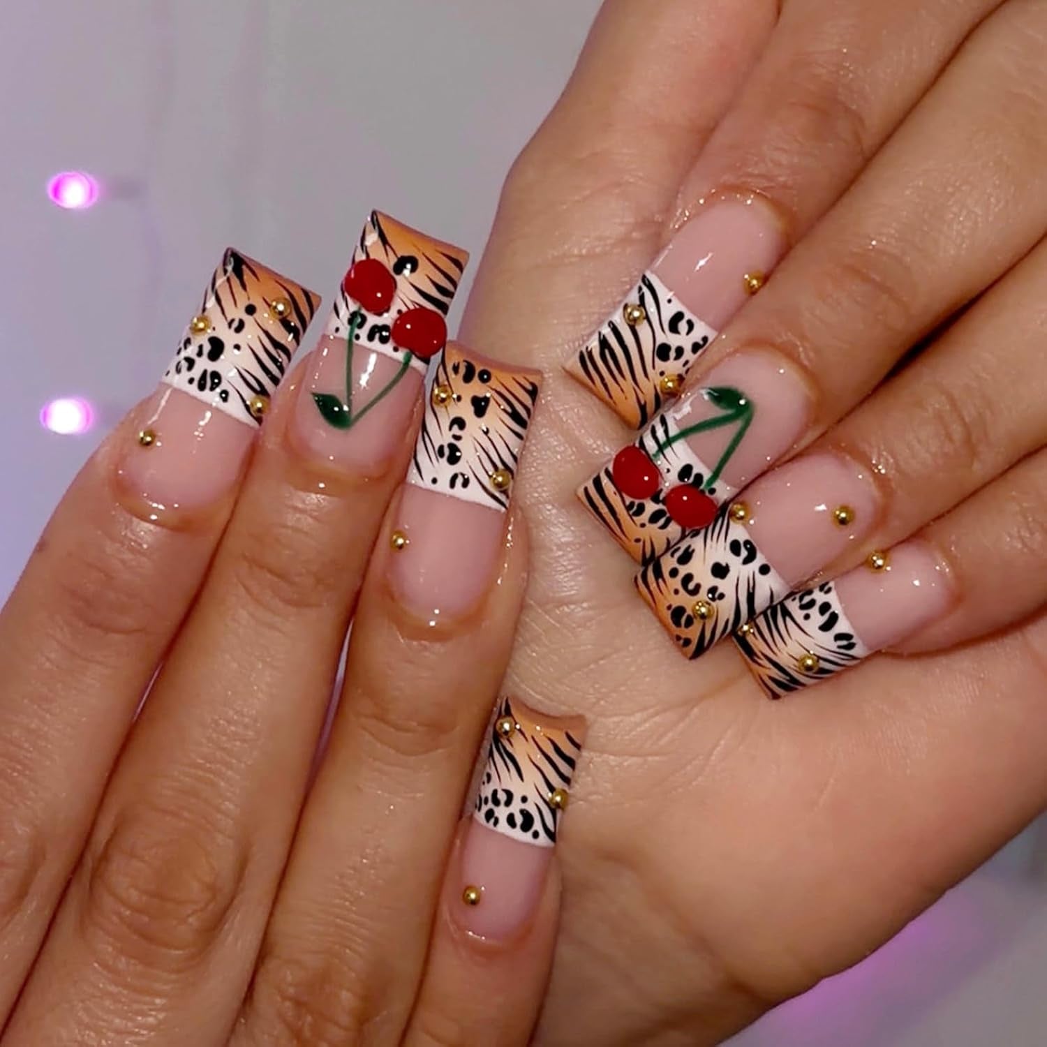 MISUD Long Square Press-On Nails - Black French Tip with Acrylic Flower Rhinestone Design, 24 Pcs