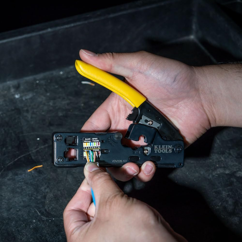 Klein Tools Compact Ratcheting Data Cable Crimper, Wire Stripper & Cutter - Perfect for CAT6, CAT5, CAT3 & Flat-Satin Voice Cables