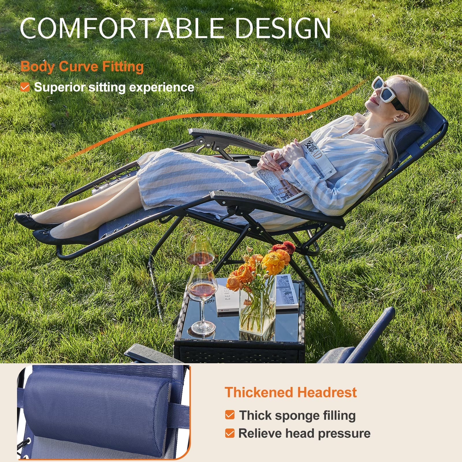 2PCS Zero Gravity Patio Recliner, Textilene Folding Lounge with Adjustable Pillow & Cup Tray, Blue