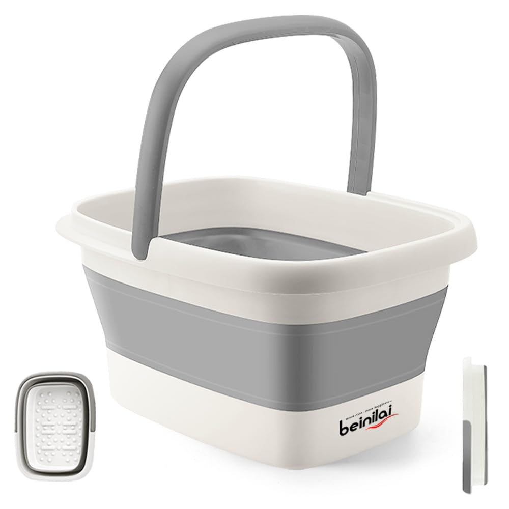 Beinilai Foldable Foot Soak Tub with Massage Acupoints - Portable Collapsible Foot Bath Basin with Handles, Perfect for Relaxation and Self-Care - Grey