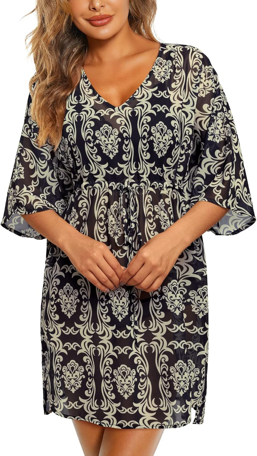 Newshows Women Swim Cover up Summer Swimsuit Hawaiian Beach Bikini Swimwear Chiffon Bathing Suit Tunic Dress (Floral 16, Large)