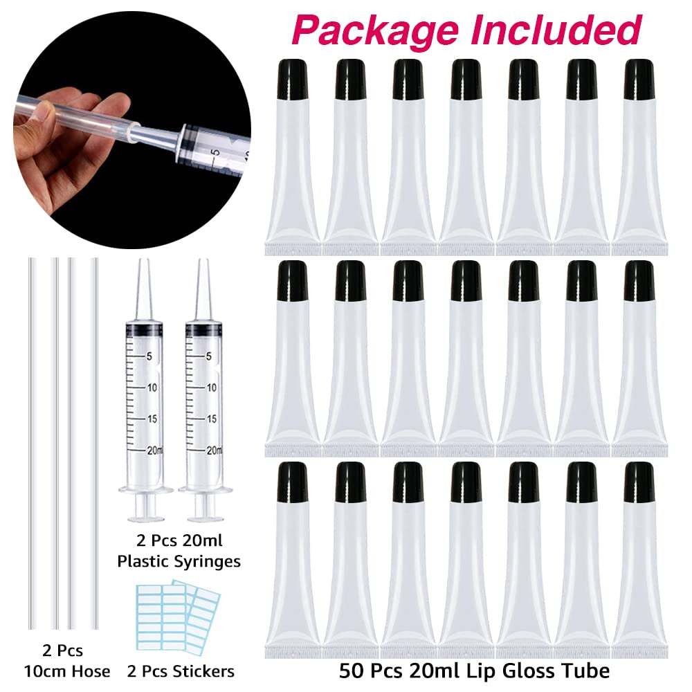 AMORIX 50PCS Empty Lip Gloss Tubes with Black Caps - 20ml Containers + 2 Syringes & Labels for DIY Lip Gloss and Glitter Creations